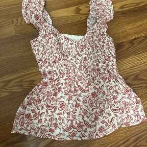 Hollister White and Red Smocked Floral Blouse